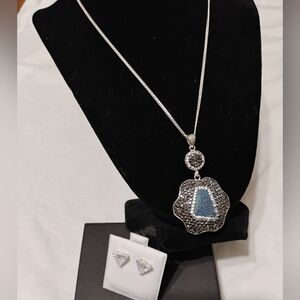 .925 Silver Set - 17" Miami Chain, Druzy Pendant, & Gemstone Earrings